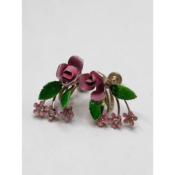 Vintage Enamel Rose Earrings Screw Back Pink Flower Cluster Rhinestone - Picture 2 of 7